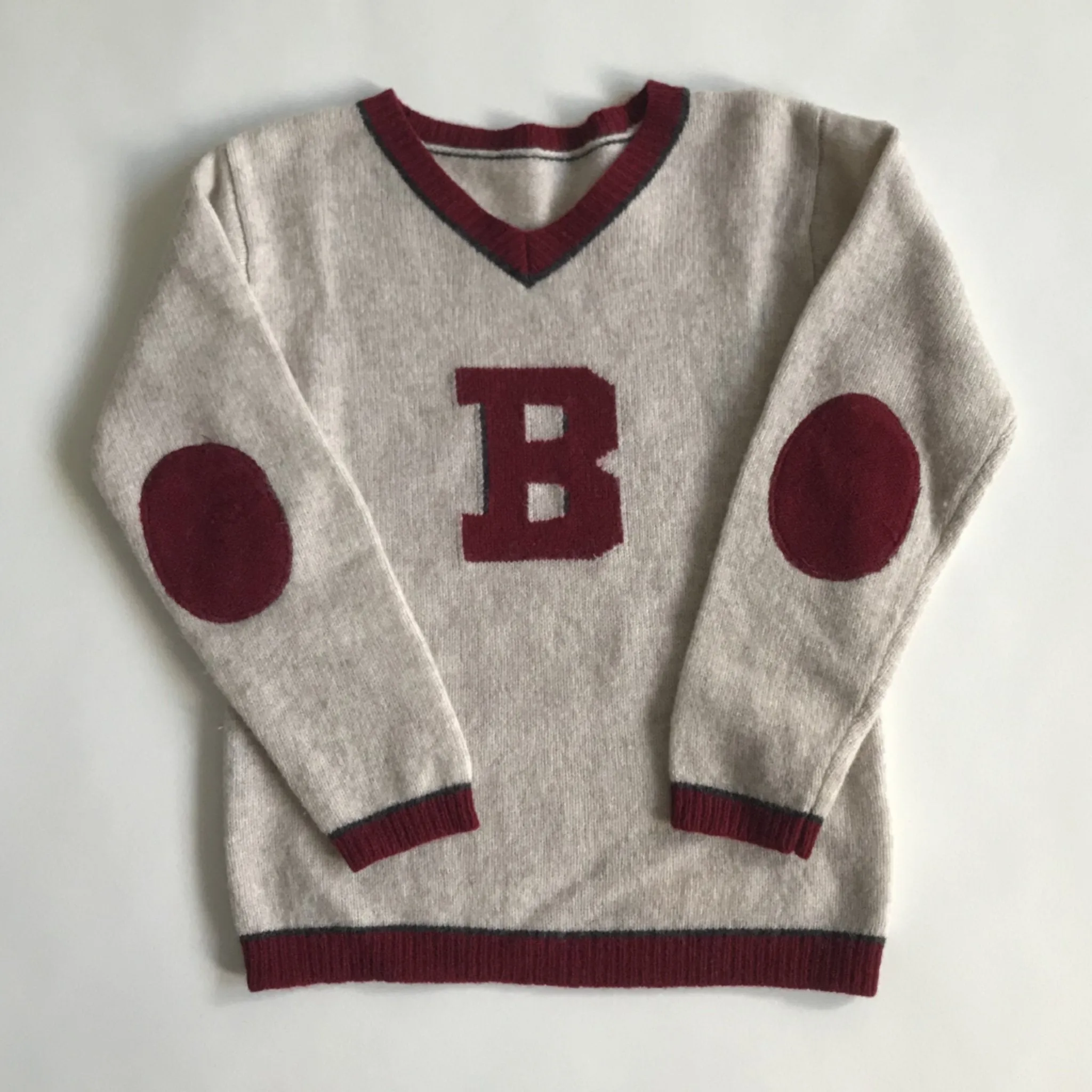 Bonpoint Merino Wool Oatmeal Varsity Style Jumper With Maroon Trim: 6 Years