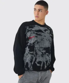 boohoo Mens Relaxed Dropped Shoulder Graphic Print Knitted Sweater