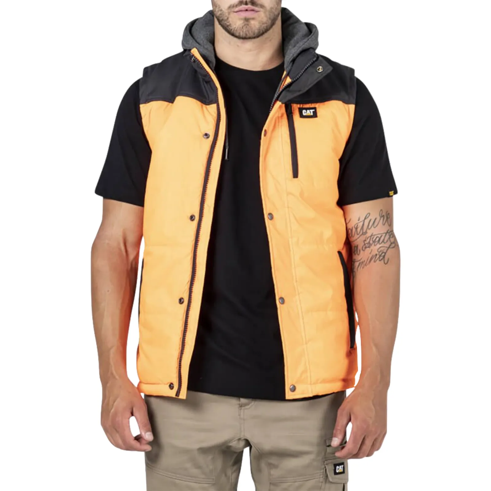 Caterpillar Hi-Vis Hooded Work Vest Jacket - Water Resistant - Orange