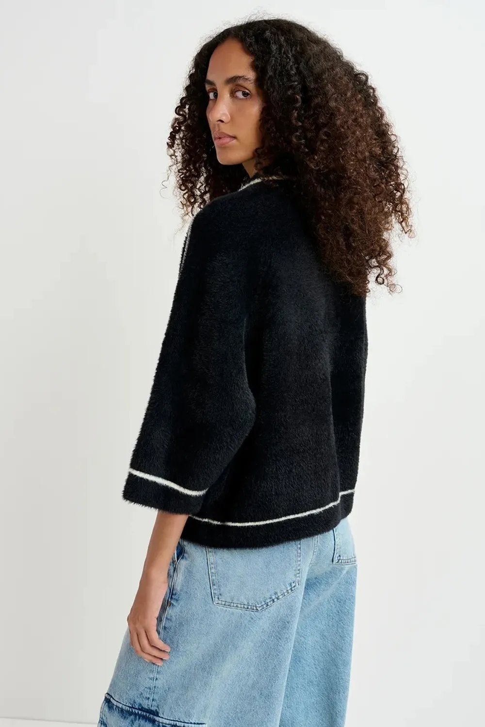 Galena Fuzzy Knitted Jacket in Black/White