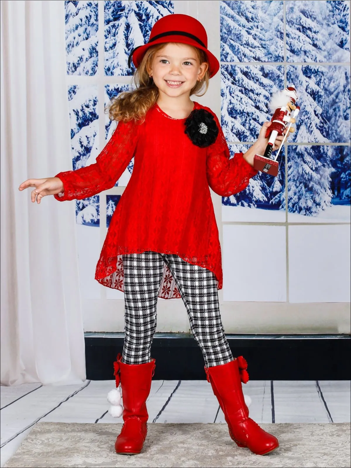 Girls Red Lace Long Sleeve Hi-Lo Tunic And Plaid Legging Set