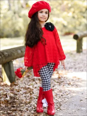 Girls Red Lace Long Sleeve Hi-Lo Tunic And Plaid Legging Set