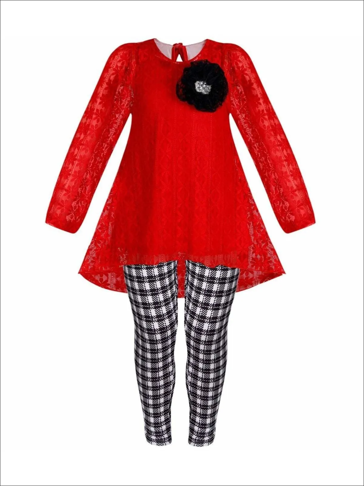 Girls Red Lace Long Sleeve Hi-Lo Tunic And Plaid Legging Set