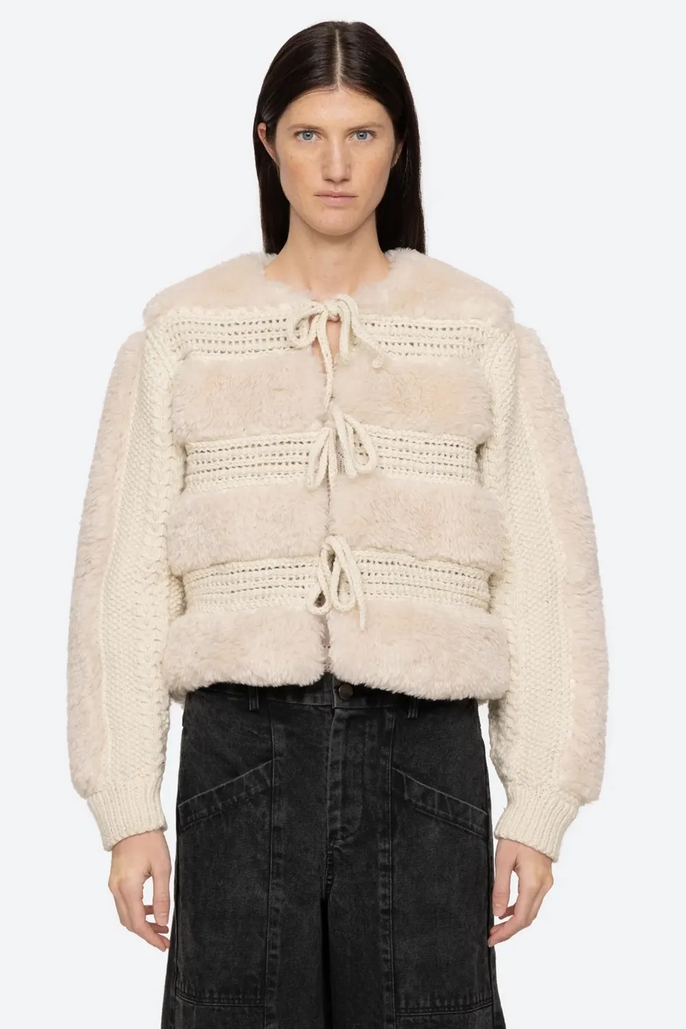 Gisele Faux Fur Applique Long Sleeve Jacket in Cream