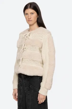 Gisele Faux Fur Applique Long Sleeve Jacket in Cream