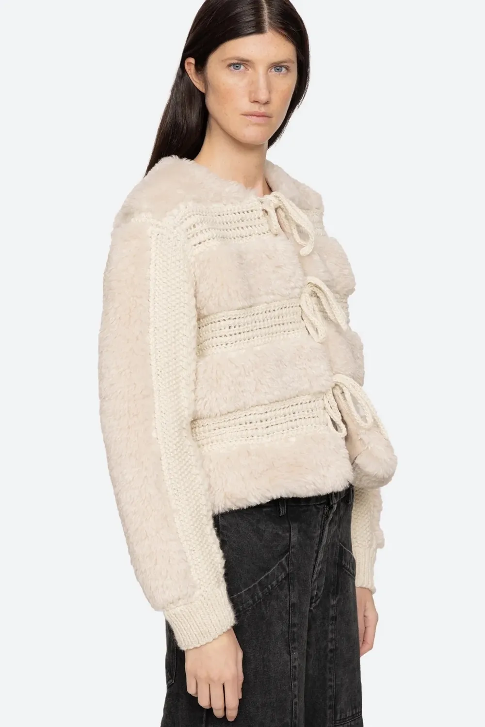 Gisele Faux Fur Applique Long Sleeve Jacket in Cream