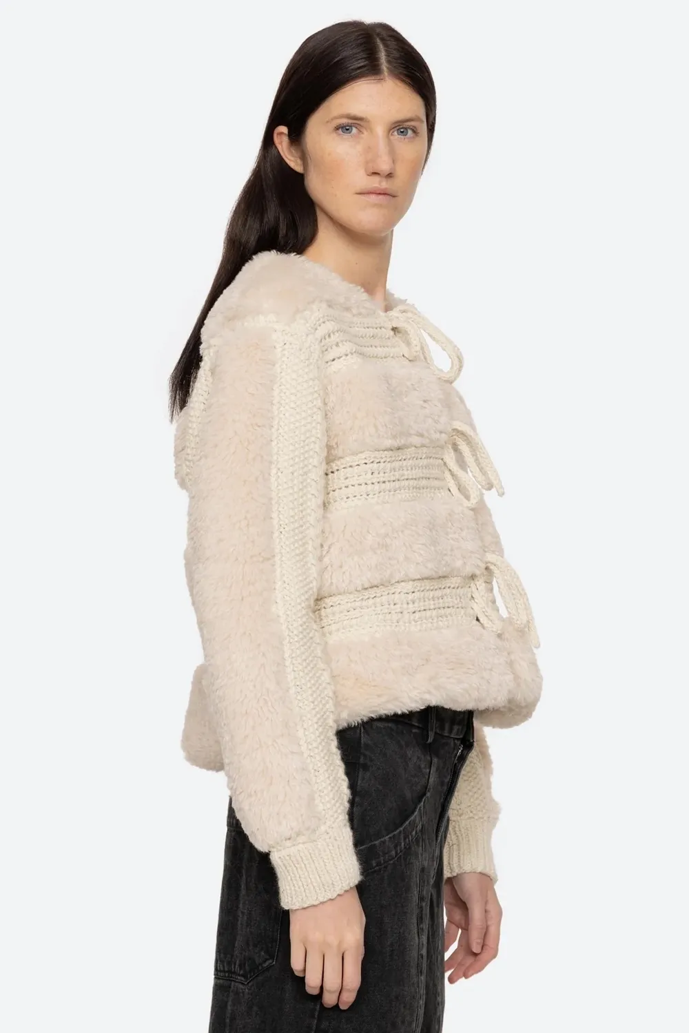 Gisele Faux Fur Applique Long Sleeve Jacket in Cream