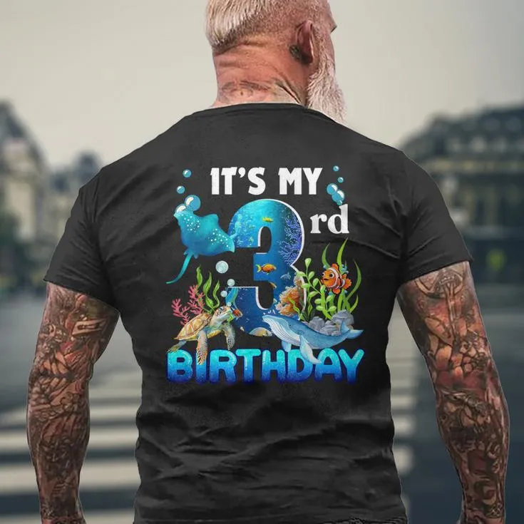 It's My 3Rd Birthday Party Ocean 3 Years Old Sea Fish B-Day Men's T-shirt Back Print