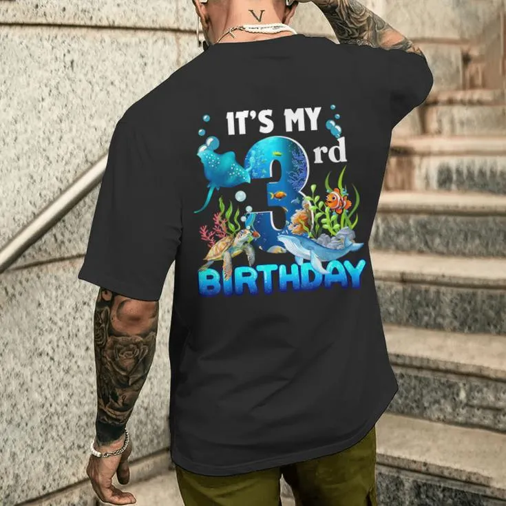 It's My 3Rd Birthday Party Ocean 3 Years Old Sea Fish B-Day Men's T-shirt Back Print