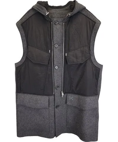 Kenzo K Patch Button Down Hooded Vest Jacket in Grey and Black Wool and Nylon