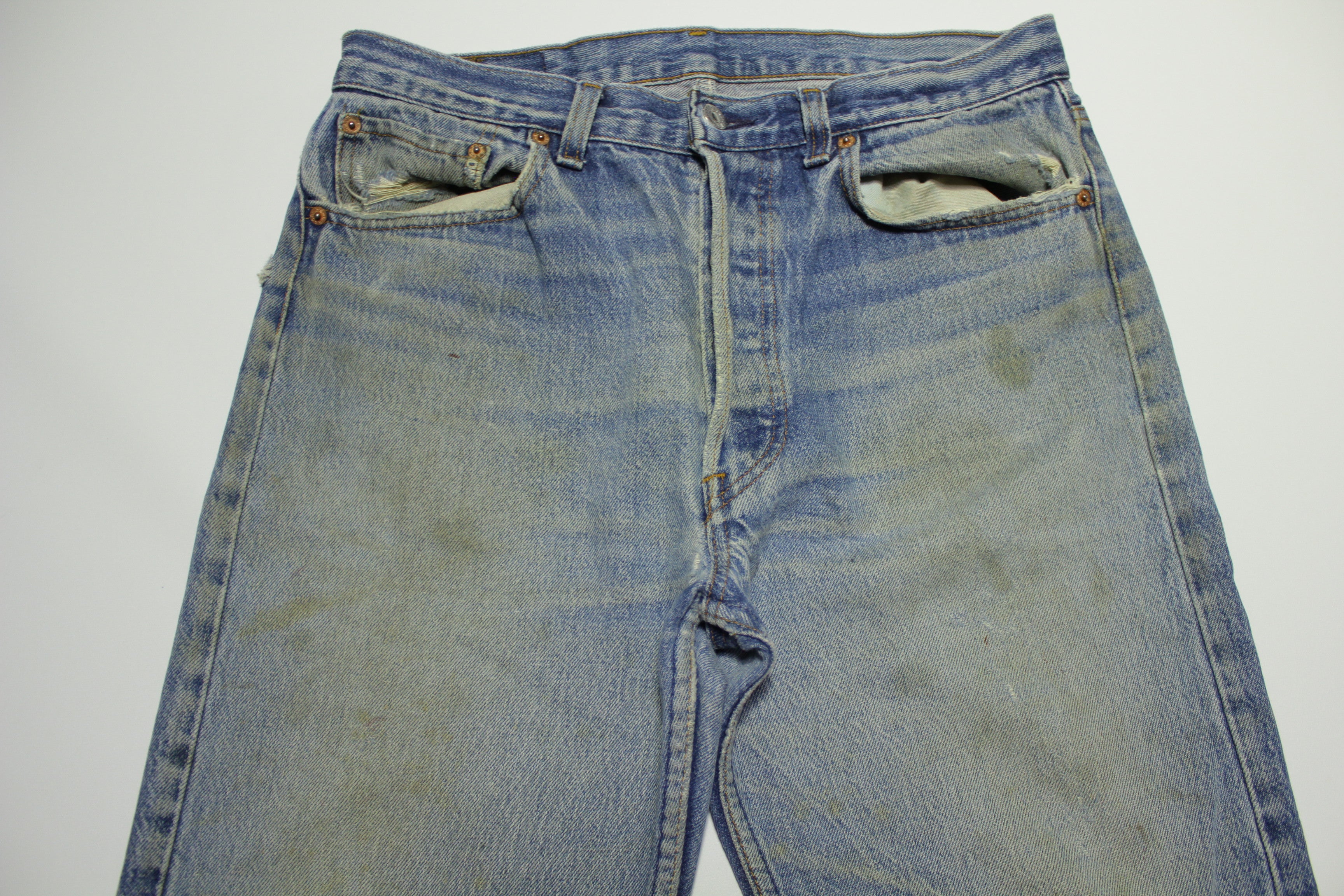 Levis 501 Distressed Button Fly Vintage 80's Denim Grunge Punk Red Tab Blue Jeans