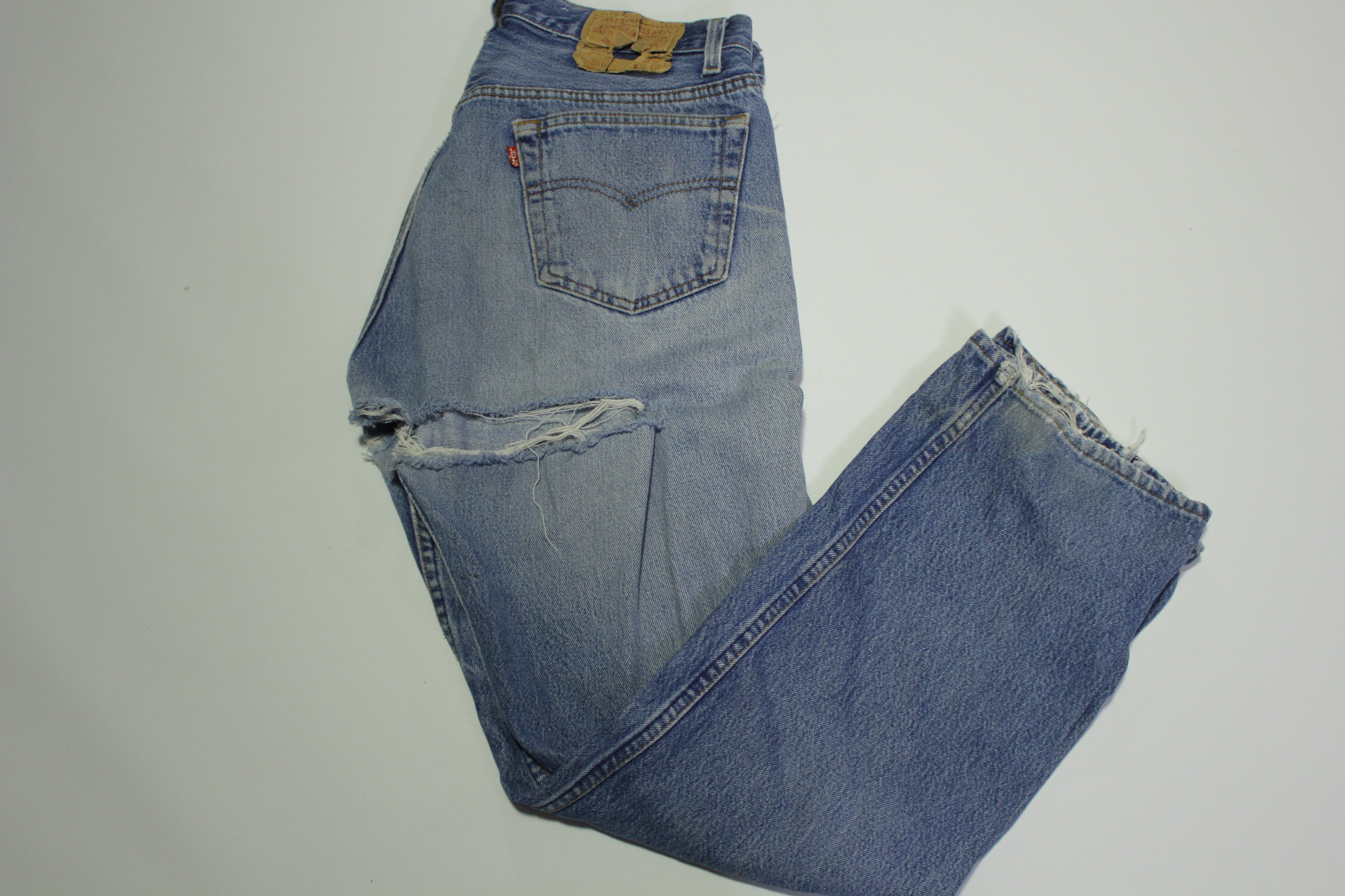 Levis 501 Heavily Distressed Button Fly Vintage 90's Denim Grunge Punk Red Tab Blue Jeans