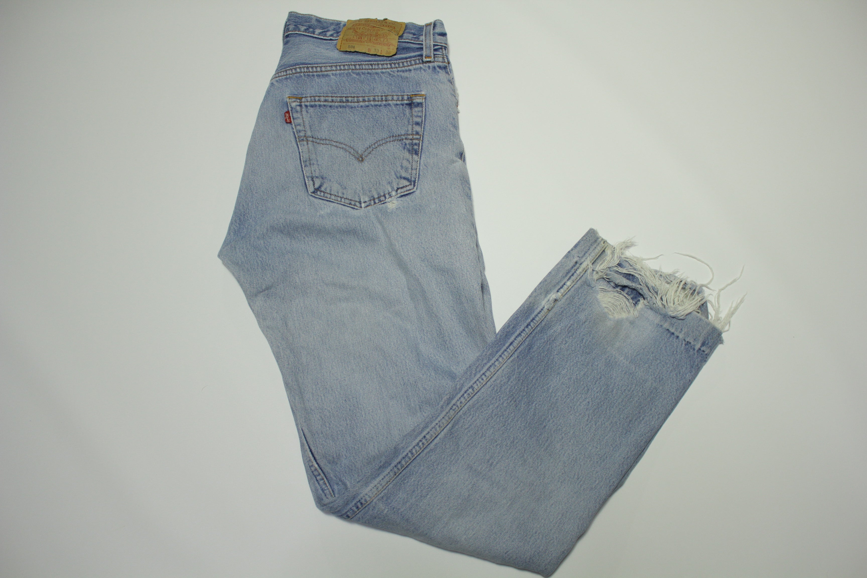 Levis 501 Heavily Distressed Button Fly Vintage 90's Denim Grunge Punk Red Tab Blue Jeans