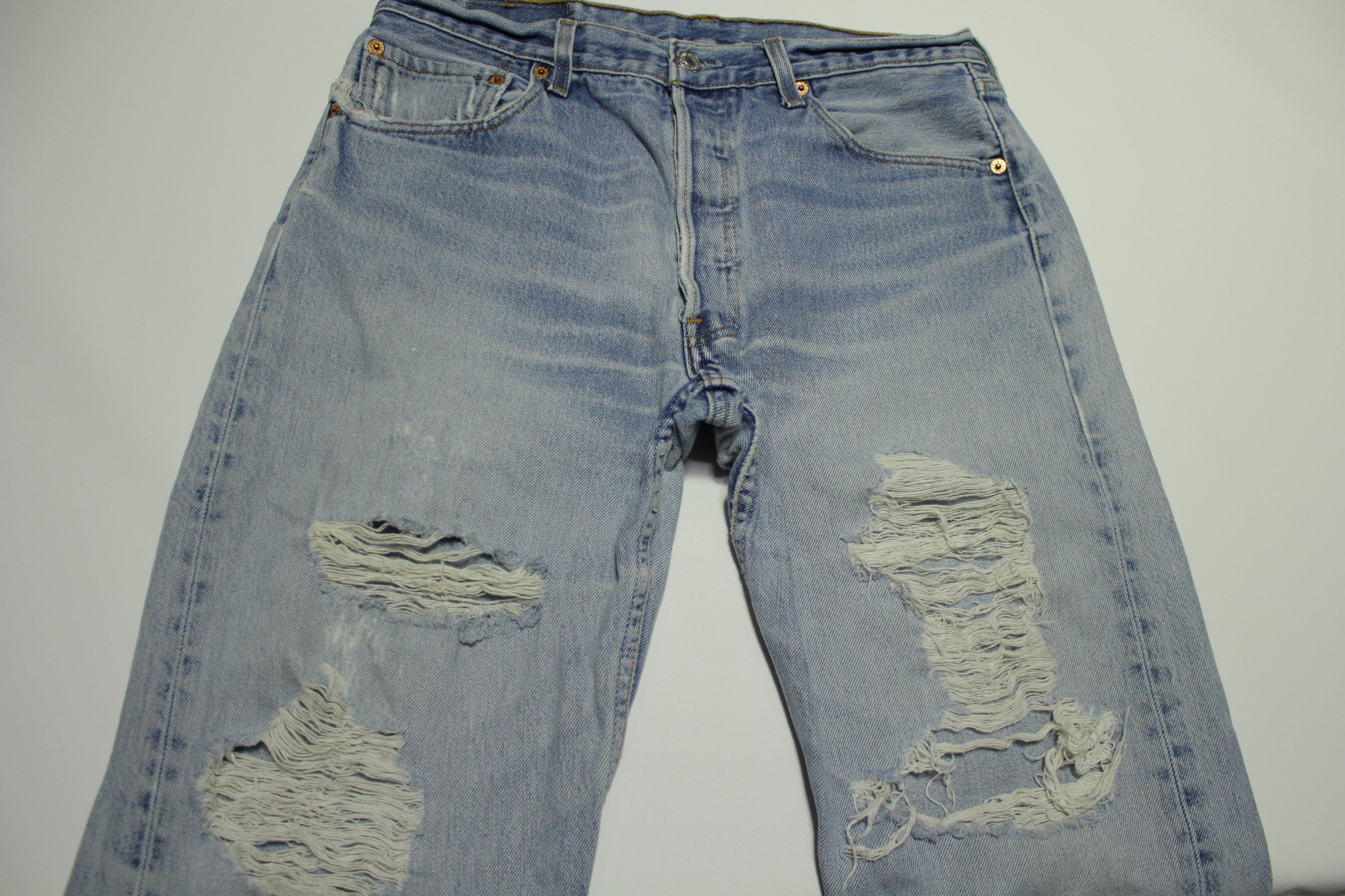 Levis 501 Heavily Distressed Button Fly Vintage 90's Denim Grunge Punk Red Tab Blue Jeans