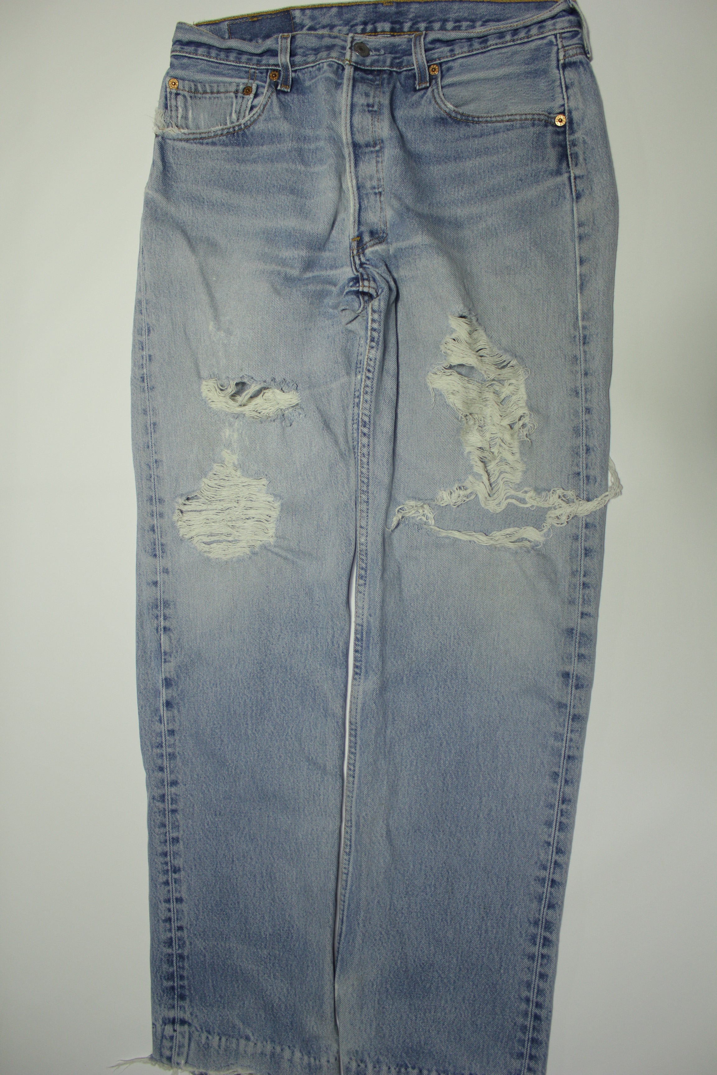 Levis 501 Heavily Distressed Button Fly Vintage 90's Denim Grunge Punk Red Tab Blue Jeans