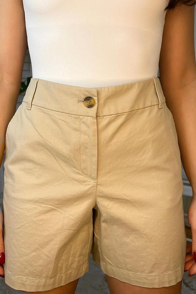 Linen Blend High Waist Mid Length Smart Shorts