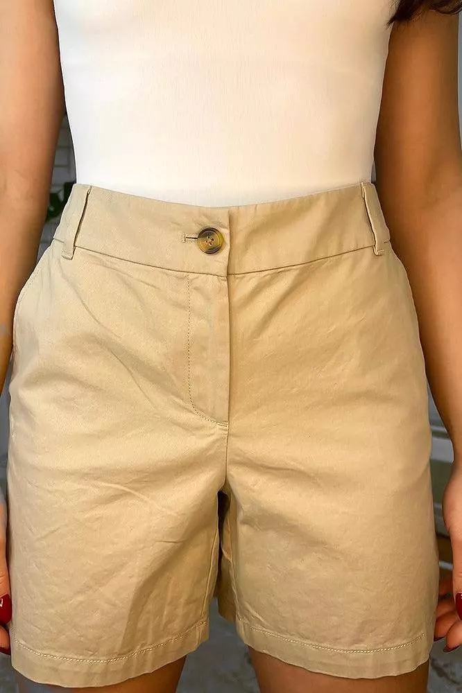 Linen Blend High Waist Mid Length Smart Shorts