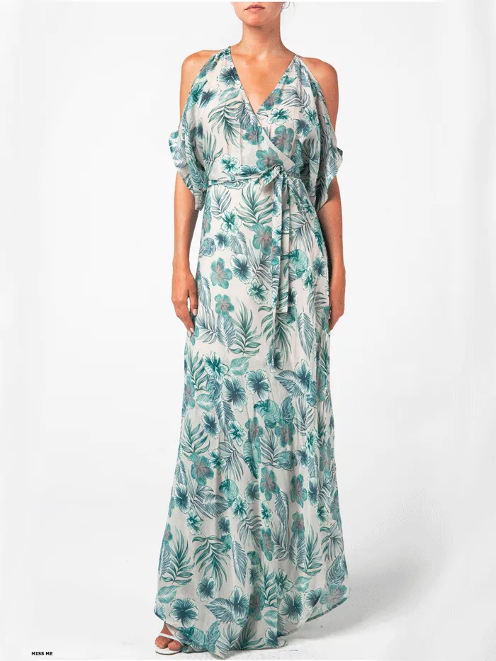 Miss Me MD1632S Womens Tropical Floral Print Cold Shoulder Wrap Maxi Dress Green