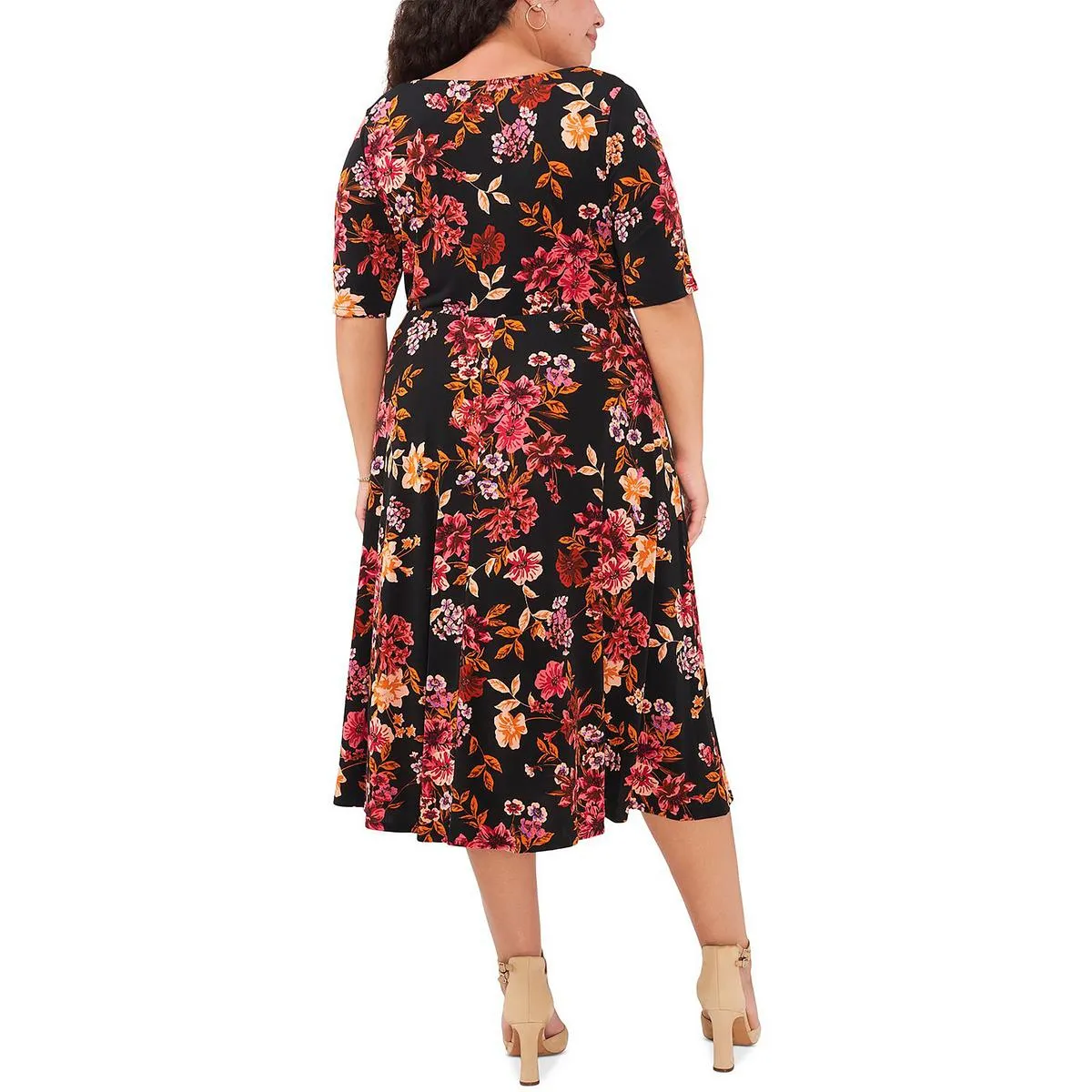 MSK Womens Plus Floral Print Tea Midi Dress