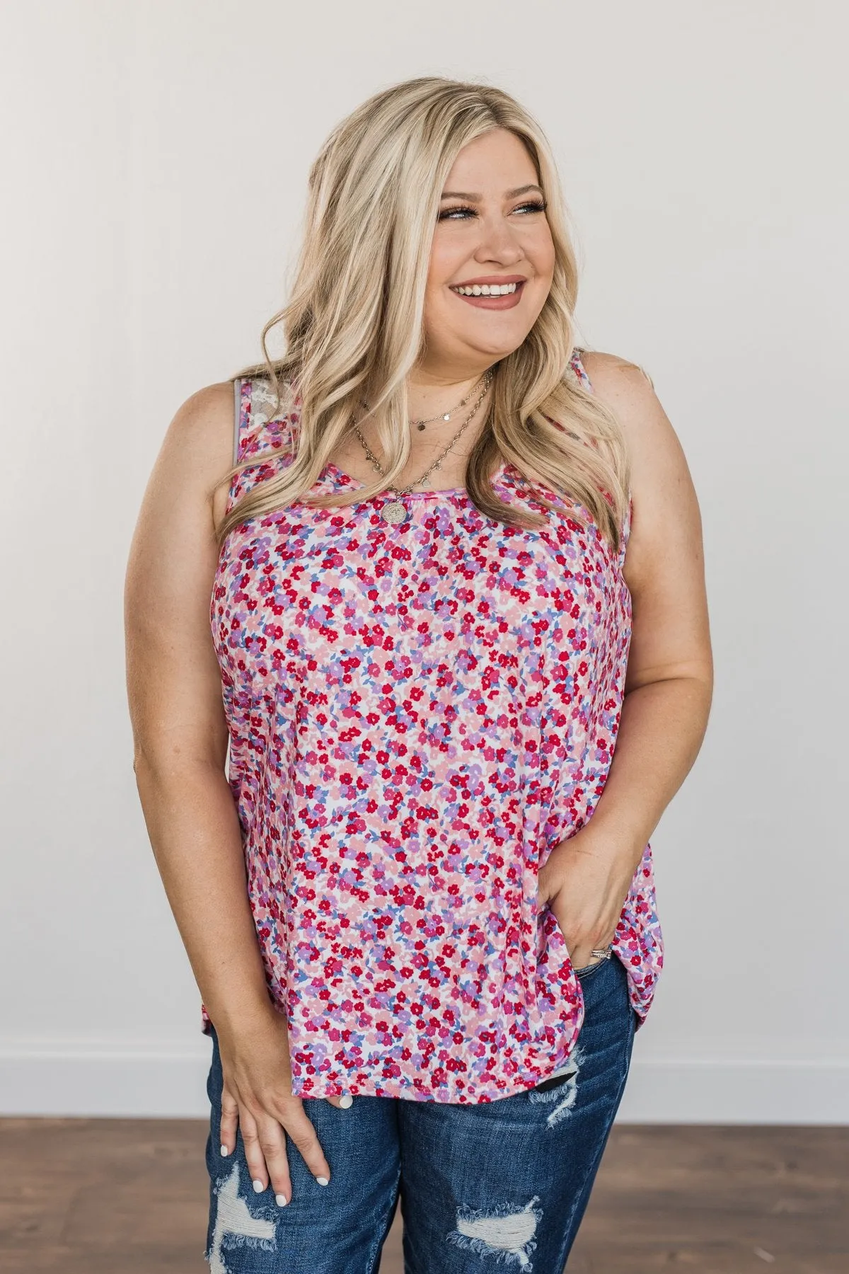 Pretty Precious Floral Lace Tank Top- Pink Multi-Color