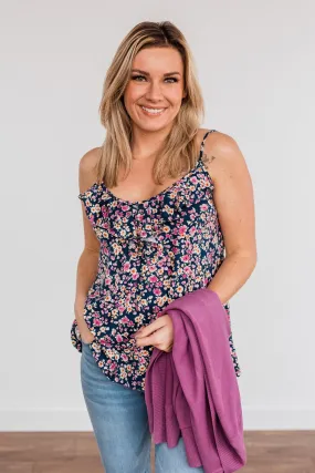 Ready To Blossom Tank Top- Navy