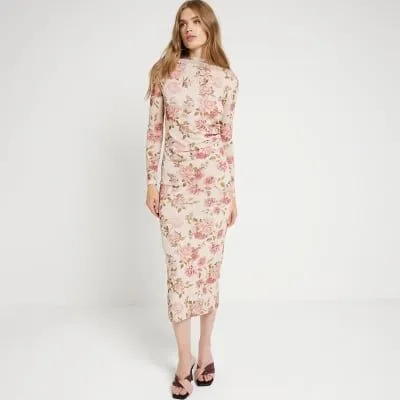 River Island Womens Beige Floral Drape Bodycon Midi Dress