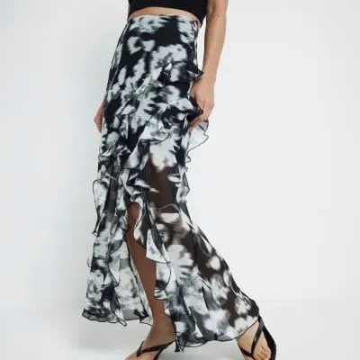 River Island Womens Black Chiffon Floral Frill Maxi Skirt