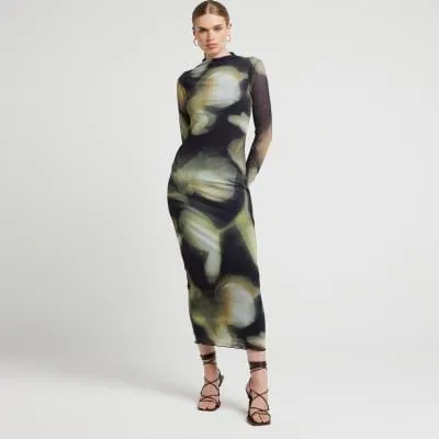 River Island Womens Black Mesh Abstract Floral Bodycon Midi Dress