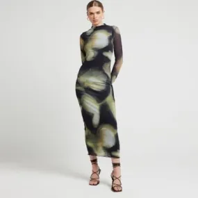 River Island Womens Black Mesh Abstract Floral Bodycon Midi Dress