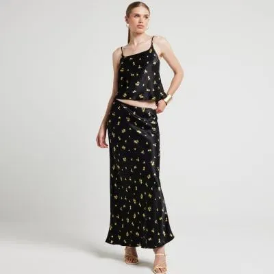 River Island Womens Black Satin Floral Maxi Skirt