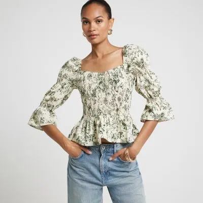 River Island Womens Green Floral Shirred Blouse