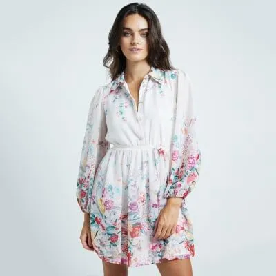 River Island Womens White Chiffon Floral Belted Mini Shirt Dress