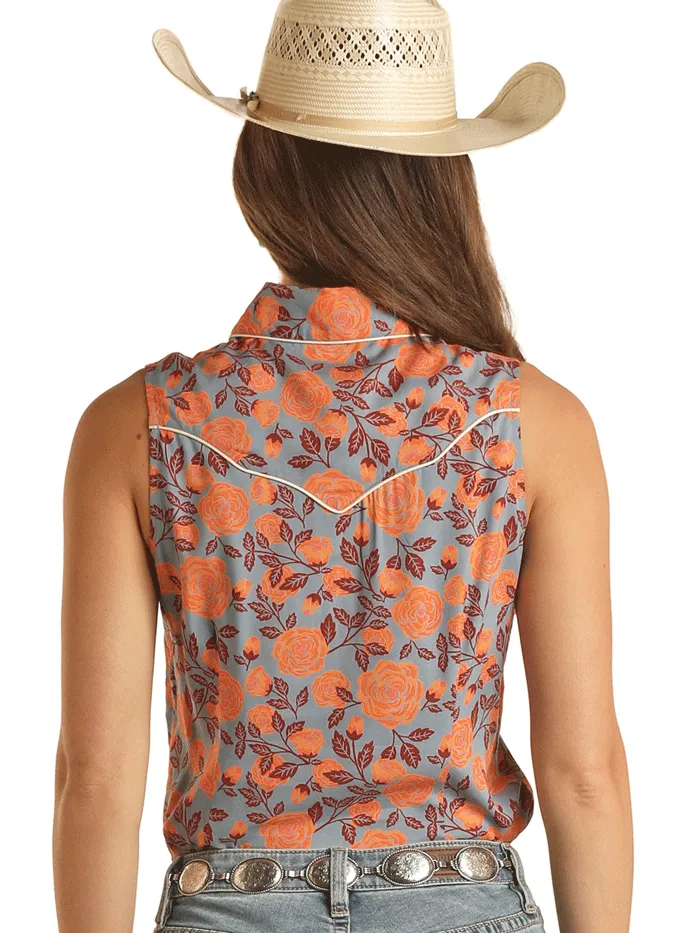 Rock & Roll Denim BWN0S03262 Womens Floral Sleeveless Snap Shirt Orange