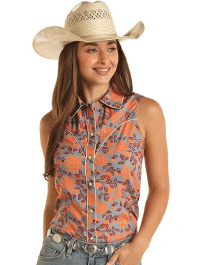 Rock & Roll Denim BWN0S03262 Womens Floral Sleeveless Snap Shirt Orange