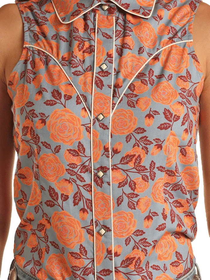 Rock & Roll Denim BWN0S03262 Womens Floral Sleeveless Snap Shirt Orange