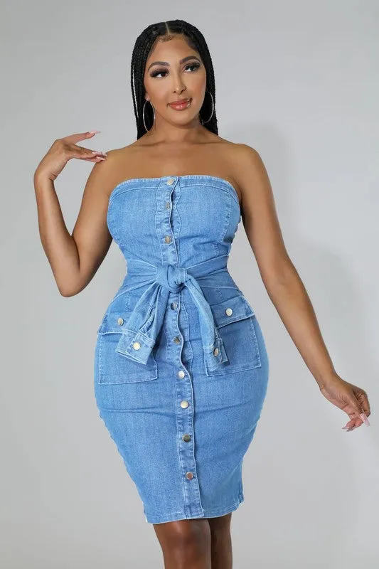 Self Tie Waist Denim Bodycon Dress