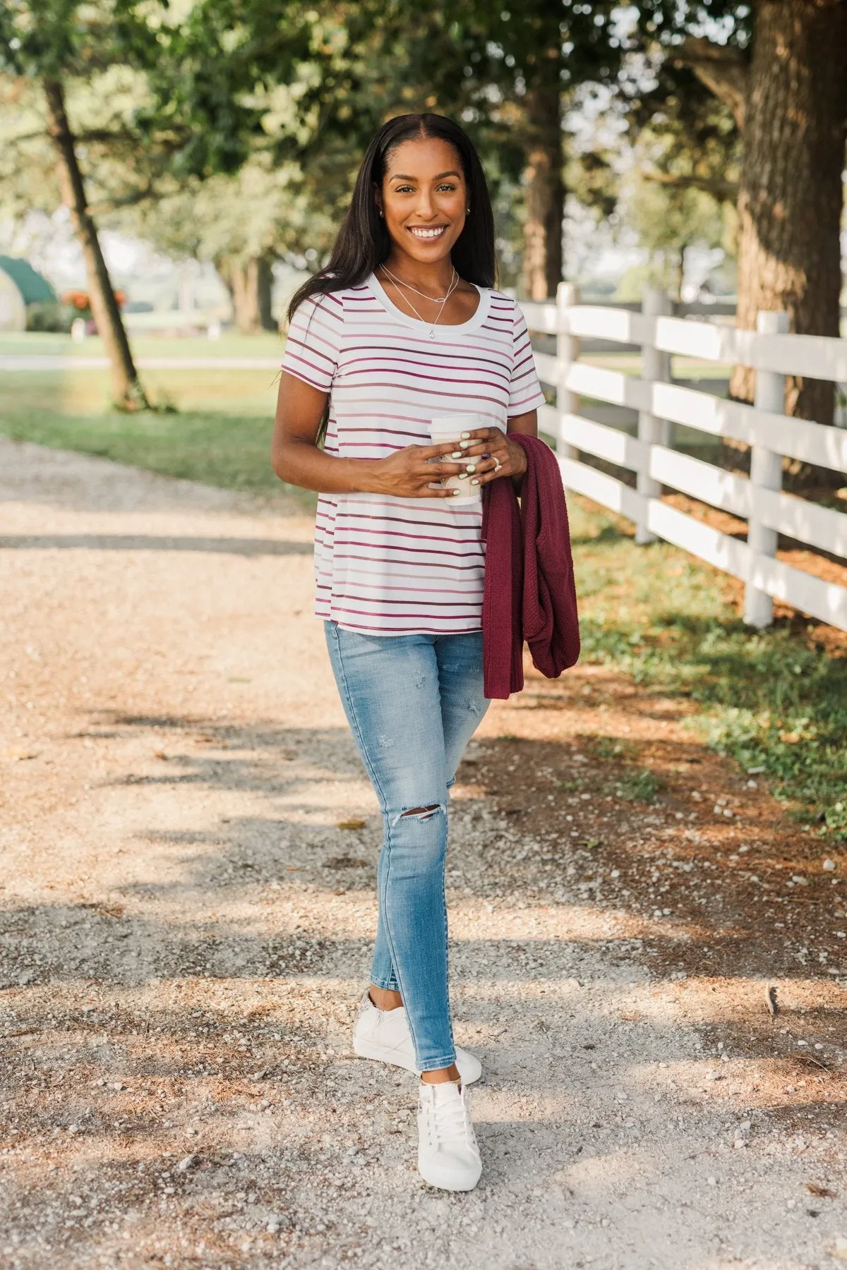 Shades Of Autumn Striped Top- Wine, Burgundy & Pink