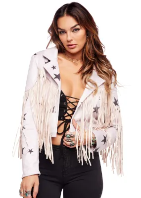 Star Print Moto Jacket with Fringe