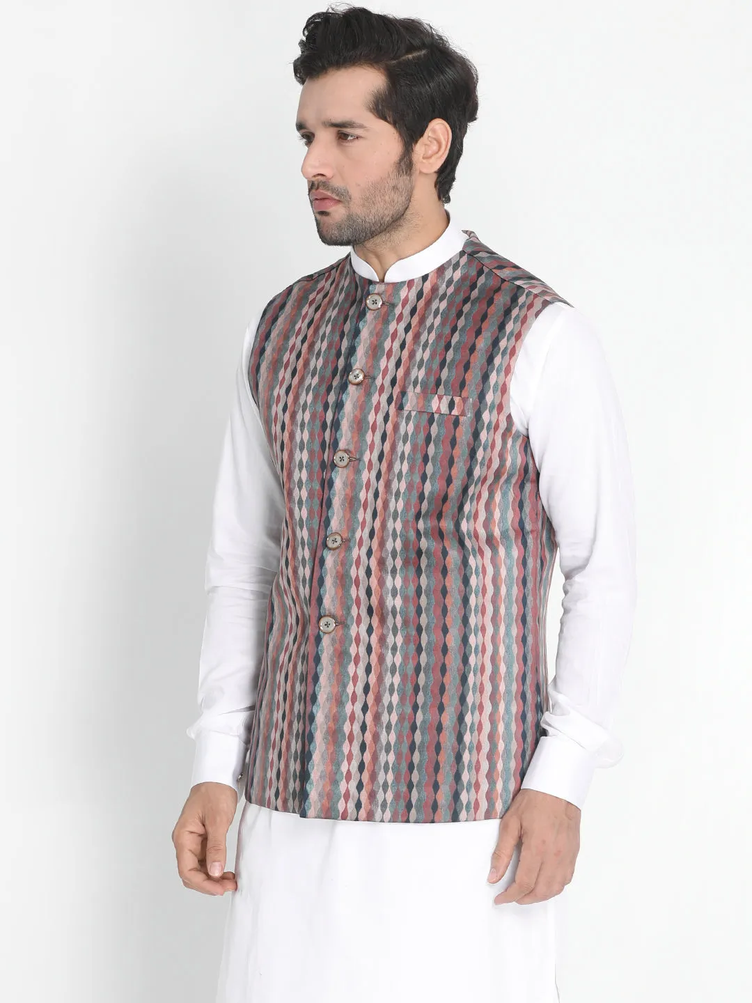 VASTRAMAY Men's Grey Silk Blend Nehru Jacket