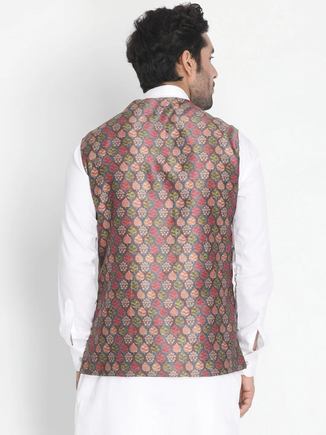 VASTRAMAY Men's Grey Silk Blend Nehru Jacket