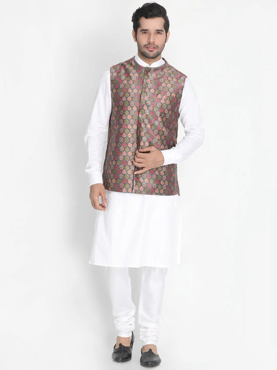 VASTRAMAY Men's Grey Silk Blend Nehru Jacket