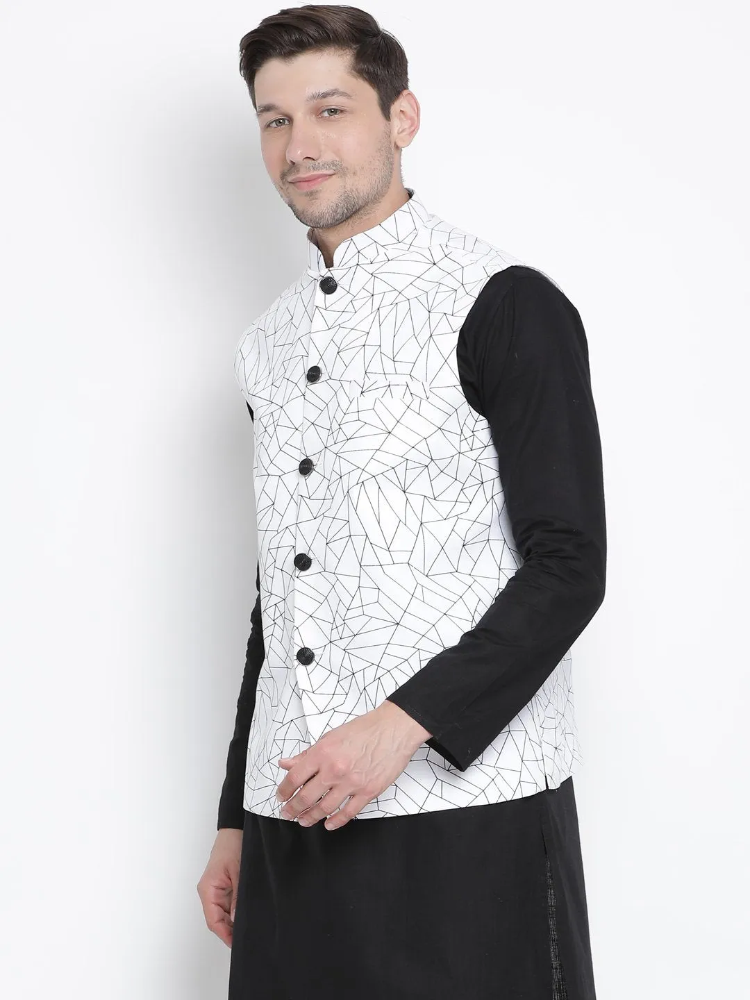 VASTRAMAY Men's White Cotton Blend Ethnic Jacket