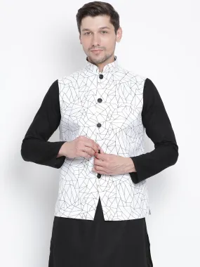 VASTRAMAY Men's White Cotton Blend Ethnic Jacket