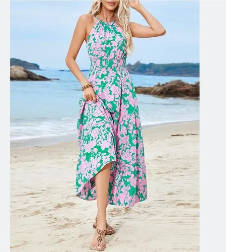 Women's Floral Dress Vacation Halter Neck Sleeveless Ditsy Floral Maxi Long Dress Midi Dress Casual Lawn Honeymoon