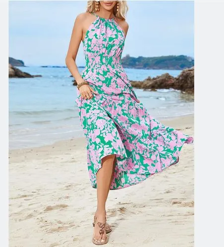 Women's Floral Dress Vacation Halter Neck Sleeveless Ditsy Floral Maxi Long Dress Midi Dress Casual Lawn Honeymoon