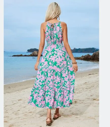 Women's Floral Dress Vacation Halter Neck Sleeveless Ditsy Floral Maxi Long Dress Midi Dress Casual Lawn Honeymoon