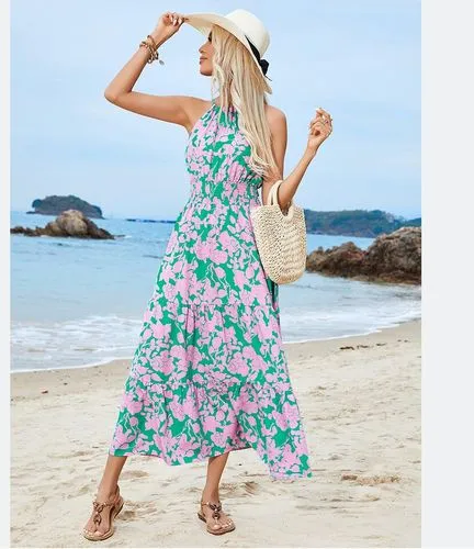 Women's Floral Dress Vacation Halter Neck Sleeveless Ditsy Floral Maxi Long Dress Midi Dress Casual Lawn Honeymoon