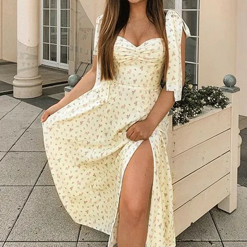 Women's Slit Dress Floral Dress Bohemian V Neck Backless Sleeveless Ditsy Floral Midi Dress Holiday Daily