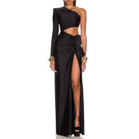 Women's Slit Dress Party Dress Elegant Sexy Oblique Collar Long Sleeve Solid Color Maxi Long Dress Holiday Banquet Evening P