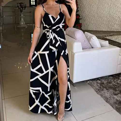 Women's Strap Dress Elegant Sexy Strap Printing Sleeveless Geometric Midi Dress Holiday